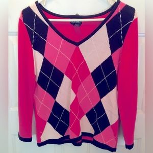 Argyle Sweater.Front is Pink, Black, Darker Pink Shade; Back is Same Darker Pink